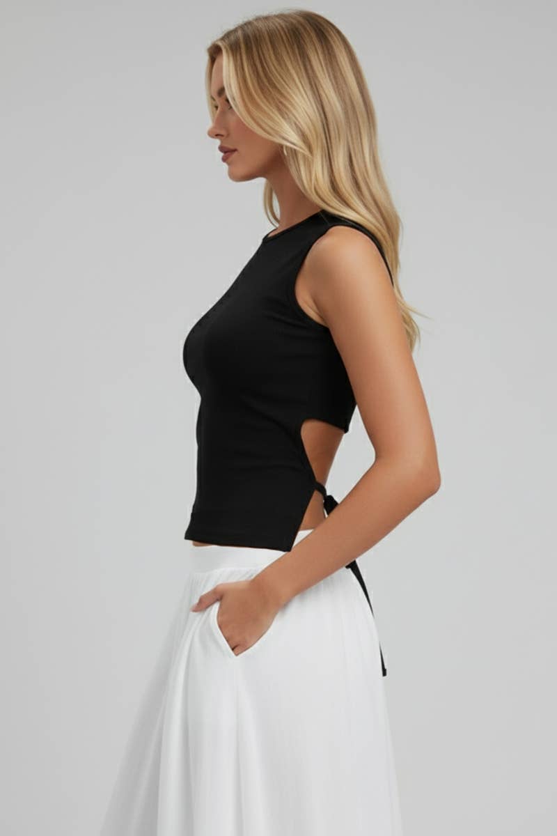 CAPELLA APPAREL - Wholesale Knit Top - Women's - Sleeveless Mock Neck Top with Adjustable Side Slit Tie1