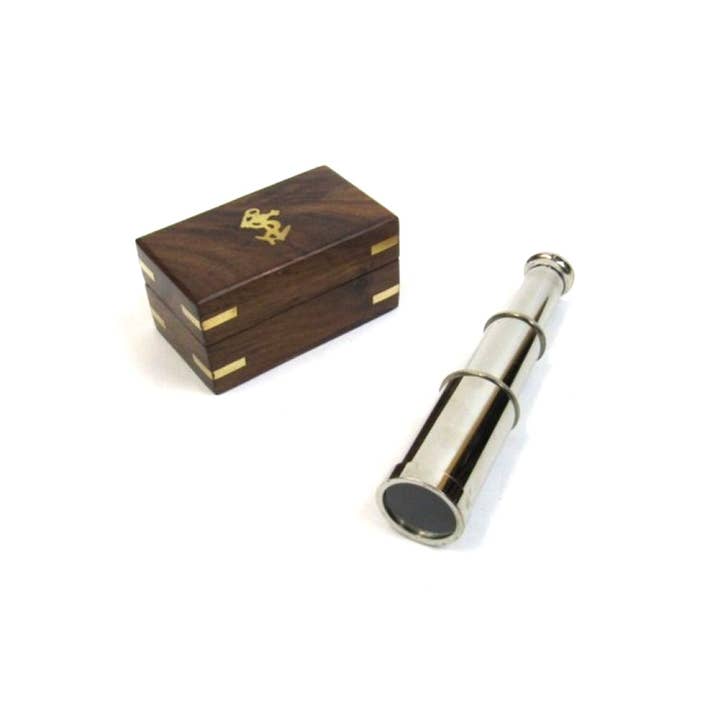 Brass & Chrome Pullout Telescope 6.25" w/ Wooden Box for wholesale by India Overseas Trading Corporation