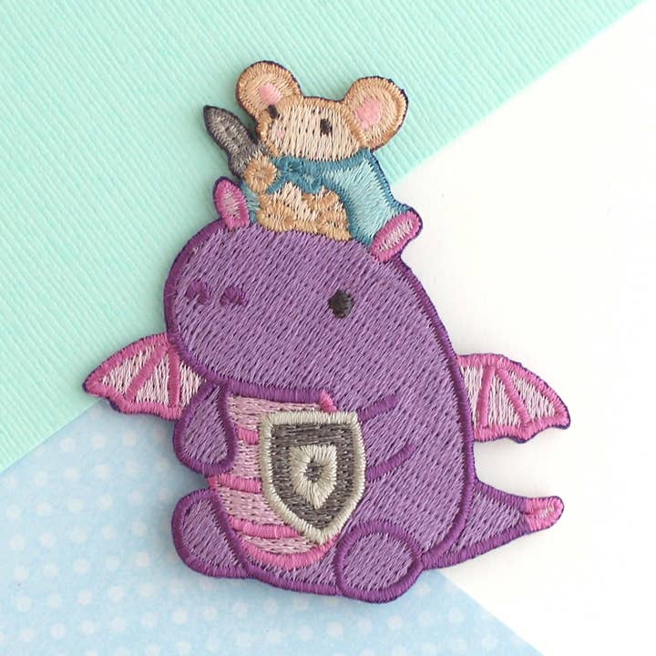 Mouse Riding Dragon Embroidered Iron On Patch for wholesale by Wild Whimsy Woolies
