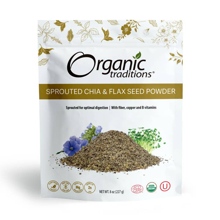 Poudre de graines de chia et de lin germées pour la vente par Organic Traditions