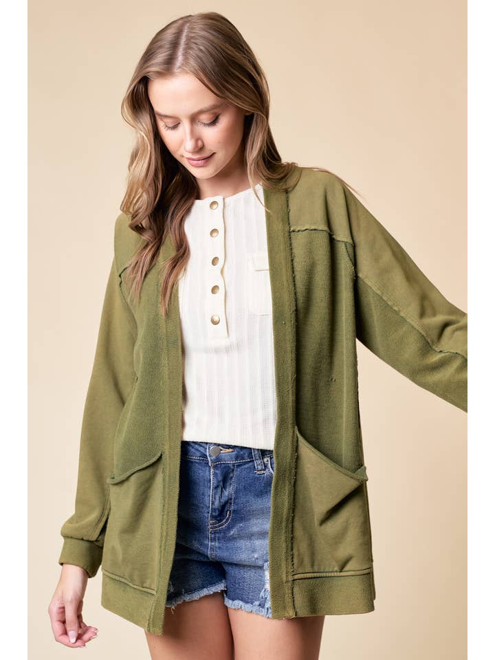 Olive Washed Oversized Pocket Front Cardigan - 9873J for wholesale on Faire