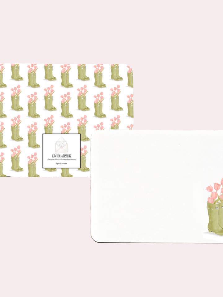 Groene Regenlaarzen Met Tulpen Afgeronde Platte Notitiekaarten voor wholesale door k.Patricia Designs