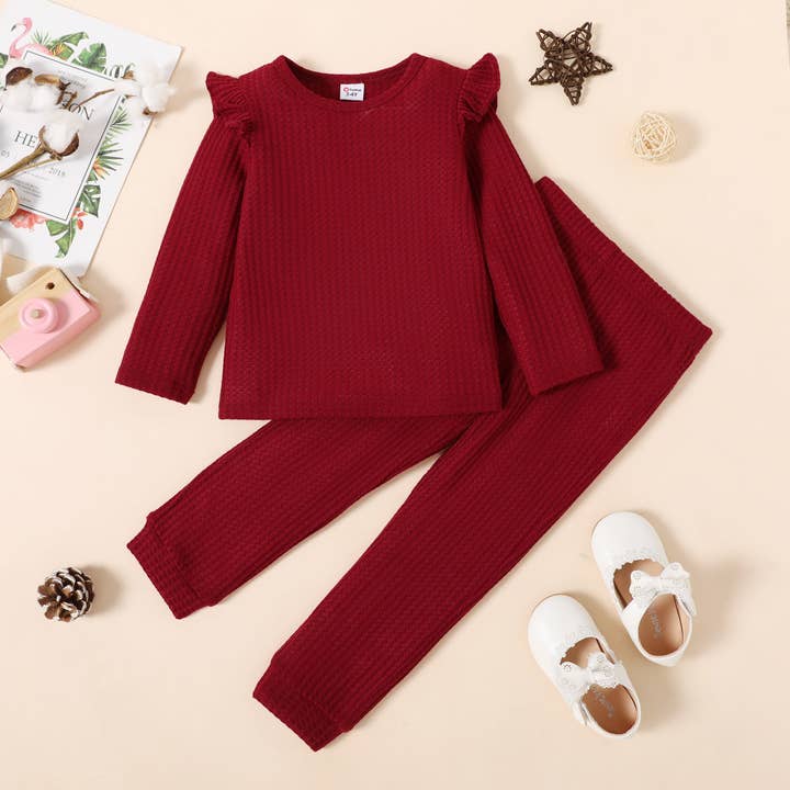 PatPat - Wholesale Top & Pant Set - Kids - 2-piece Toddler Girl Textured Top Color Pants Set