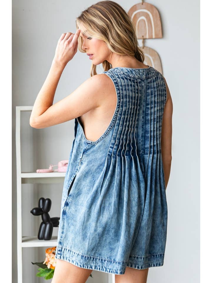 Veveret - Wholesale Romper - Women's - Front Pleated V Neck Sleeveless Denim Romper