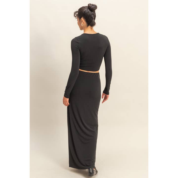 Double Zero - Wholesale Top & Skirt Set - Women's - Long Sleeve Crop Top And High Slit Maxi Skirt Set27