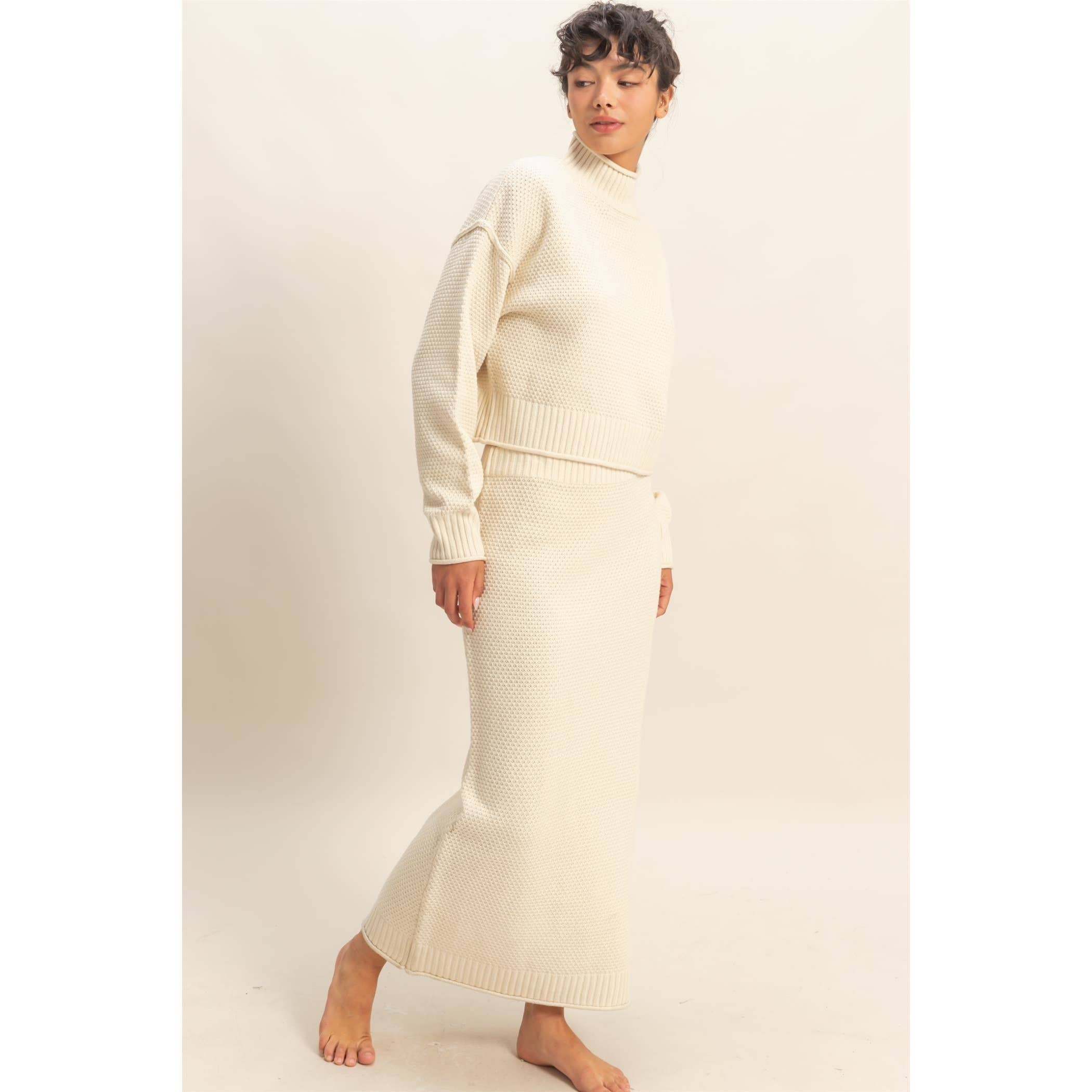 Double Zero - Wholesale Top & Skirt Set - Women's - Textured High Neck Sweater & Skirt Set4