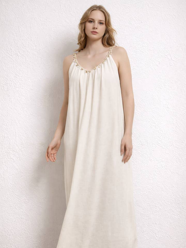 Vestido largo de lino con tirantes de cuentas para venta al por mayor de Lucy Sparks