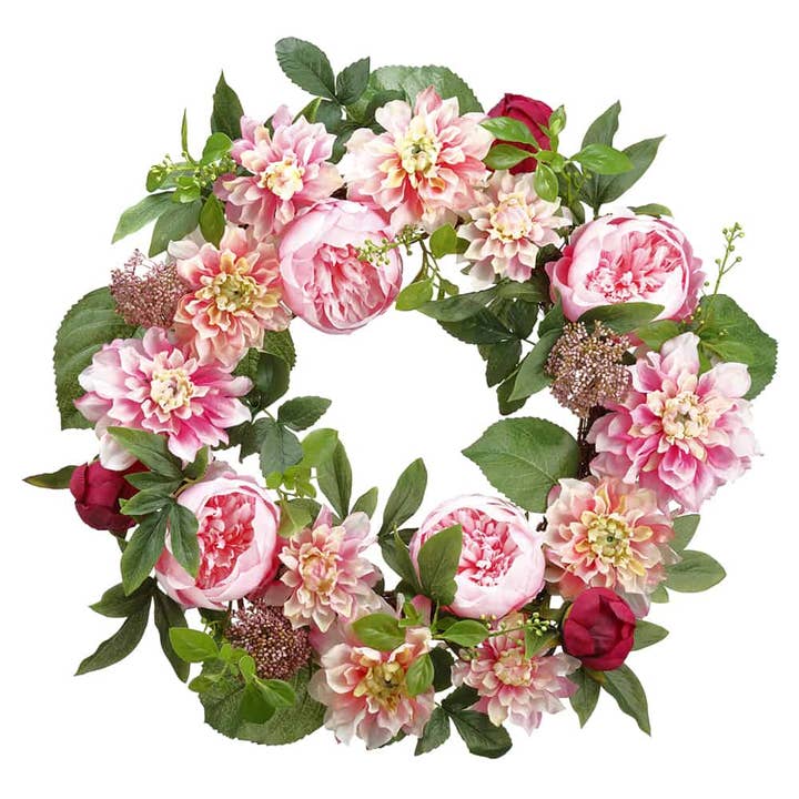 26" Peony/Dahlia Twig Wreath Pink Burugndy for wholesale by Silk Flower Depot