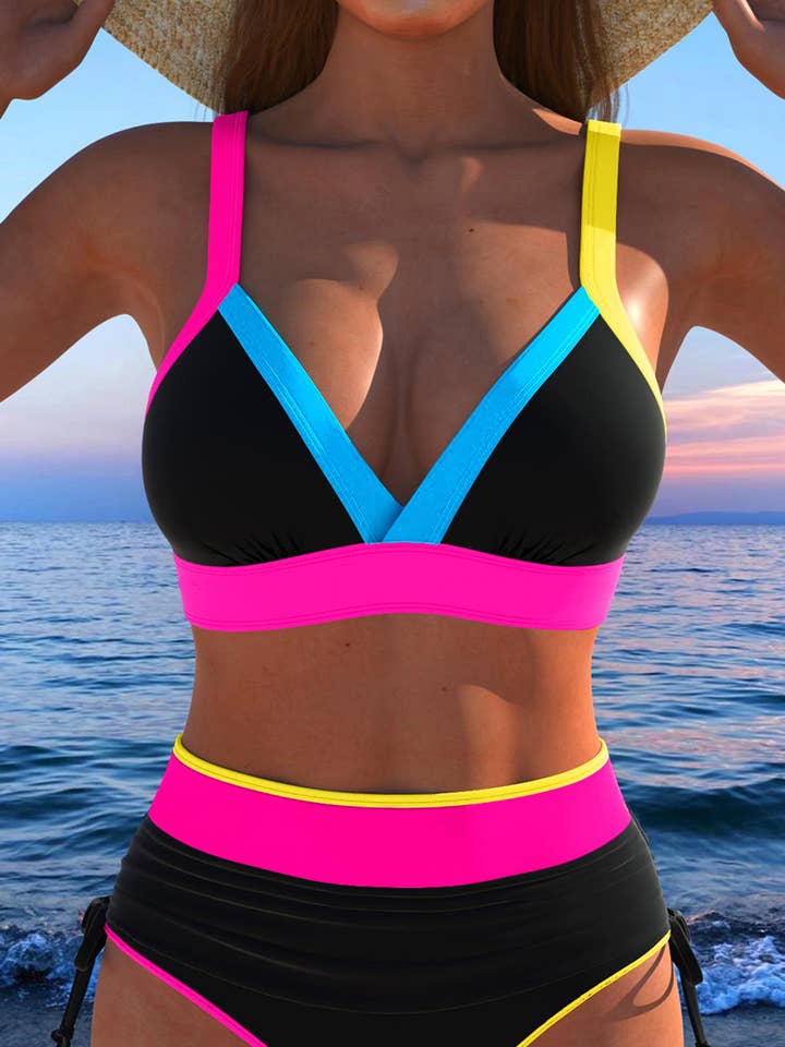 Black Color Block Drawstring Side V Neck High Waist Bikini Set for wholesale on Faire