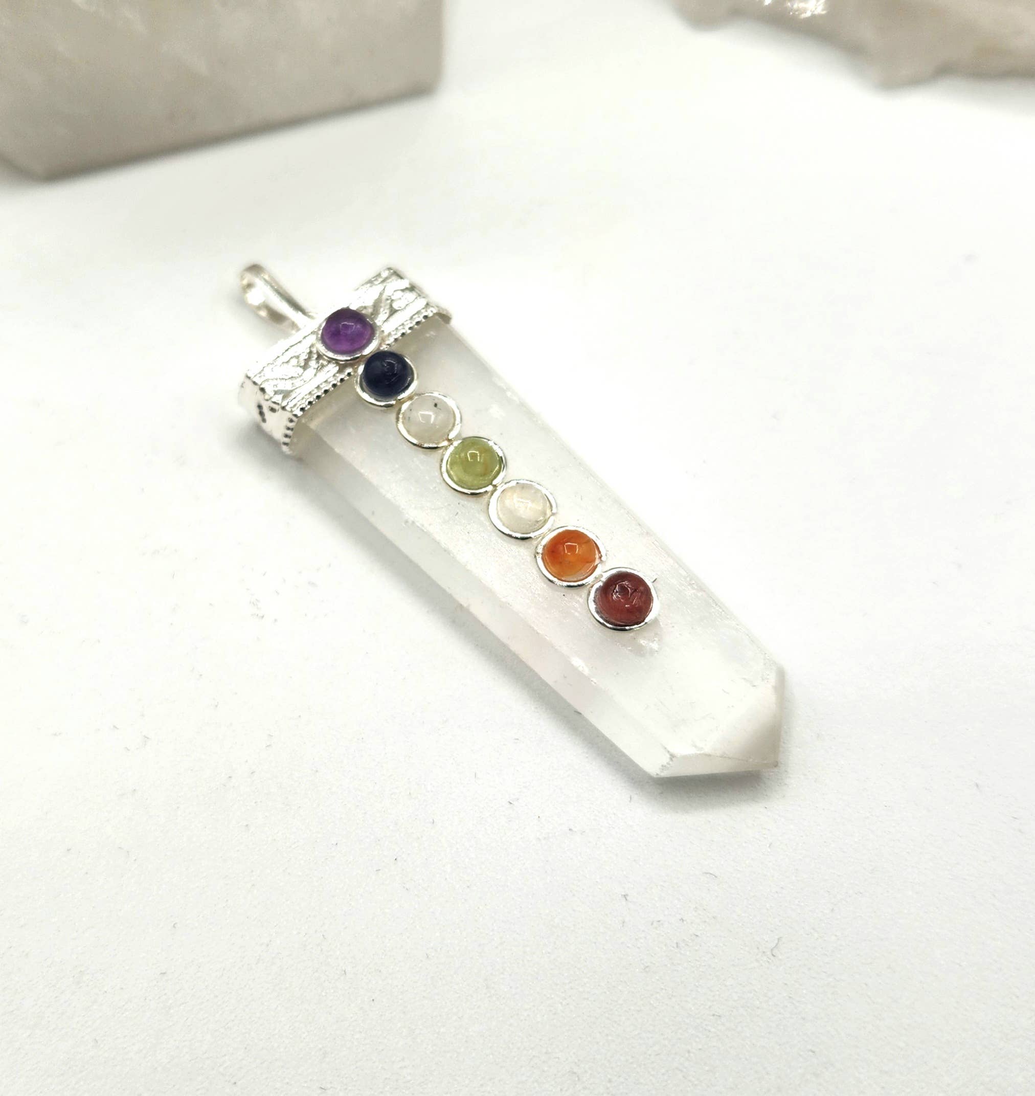 Meraki Gemstones - Wholesale Individual Charm/Pendant - Selenite Flat Gemstone Pendant w/Chakra Stones Silver Color1
