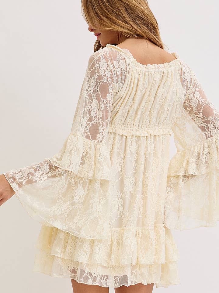 VANILLA RUFFLE LAYERED BELL SLEEVE LACE DRESS for wholesale on Faire