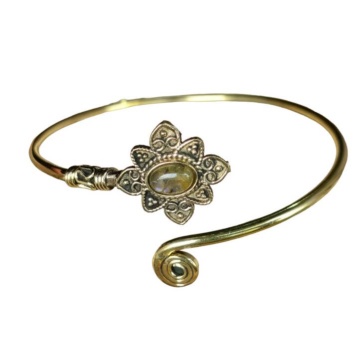 Natural Labradorite Mandala Designed Adjustable Brass Bangle for wholesale by SILVER CAVE