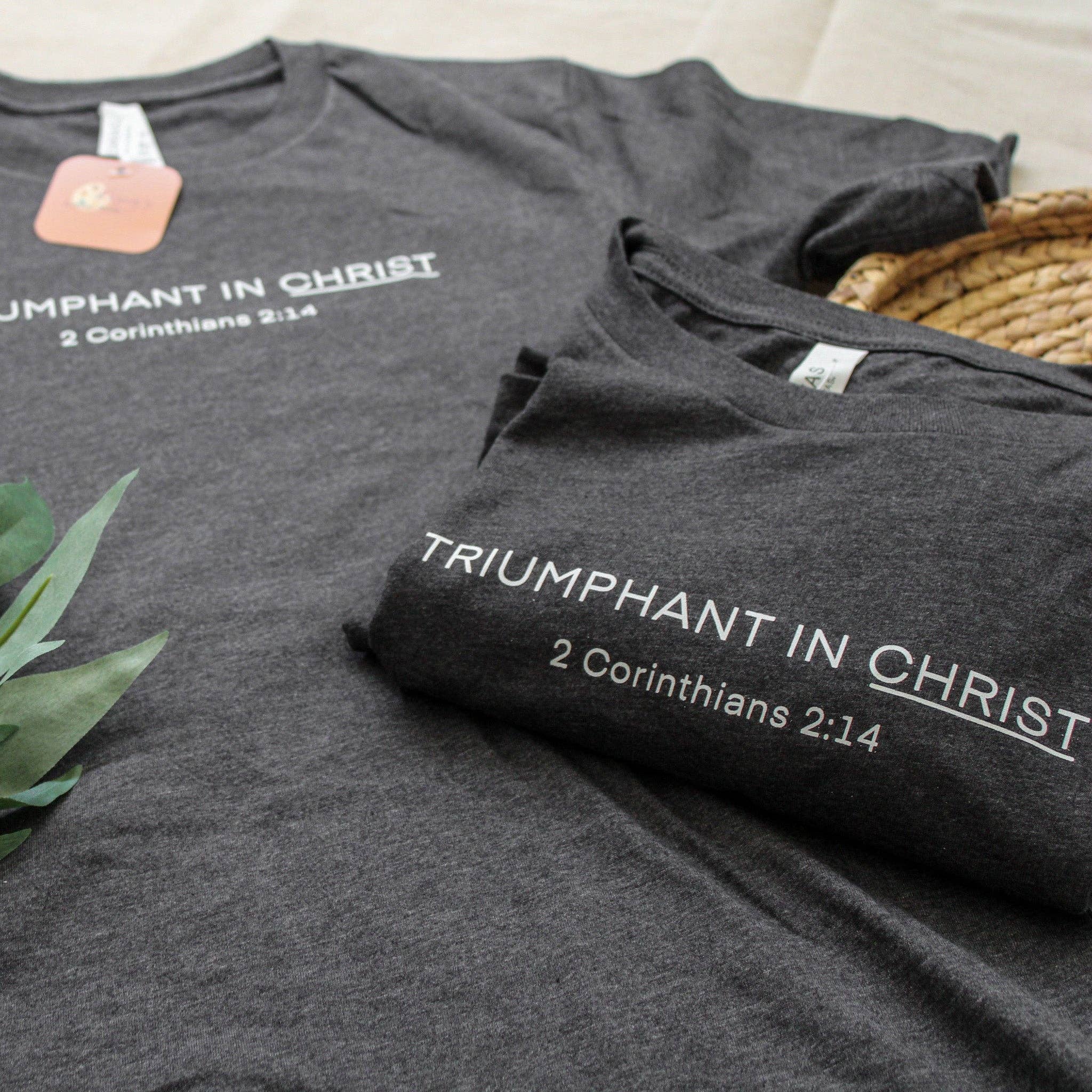 Common Grace Print Shop - Wholesale Screen Printed T-Shirt - Women's - Triumphant in Christ UNISEX Short-Sleeve T-Shirt (Color: Heathered Charcoal)4