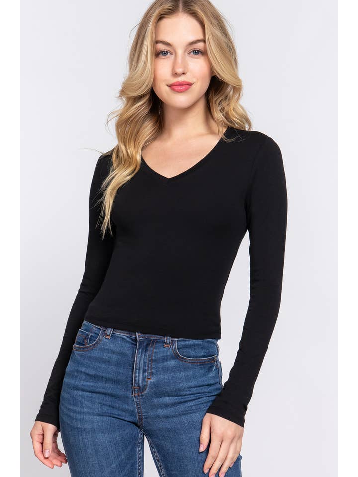 42POPS - Wholesale Knit Top - Women's - ...._ SI-24970 FITTED LONG SLEEVE V-NECK CROP TOP