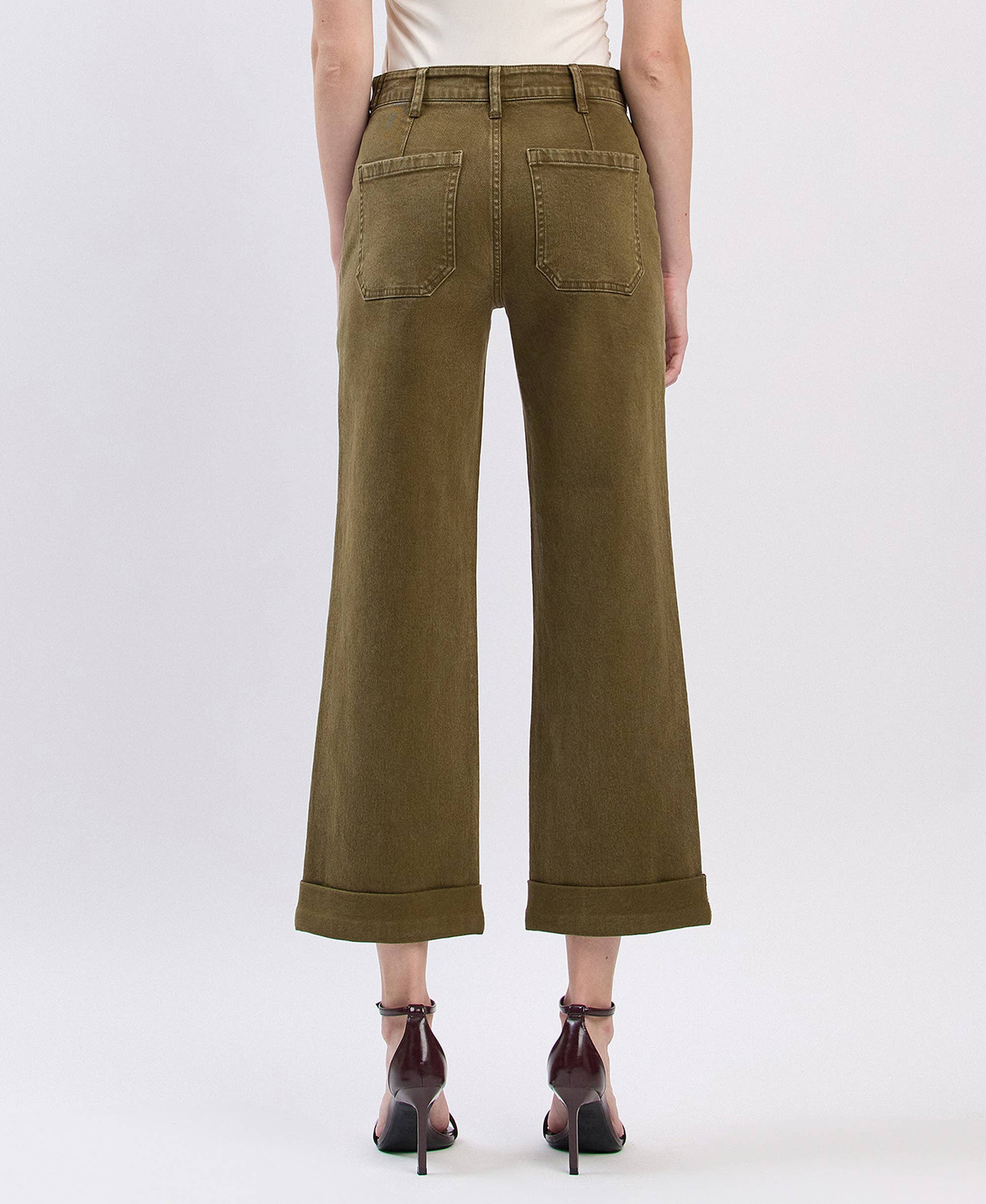 DARK OLIVE HIGH RISE TAB WAISTBAND CUFFED SLIM WIDE JEANS F5920DOL for wholesale on Faire1