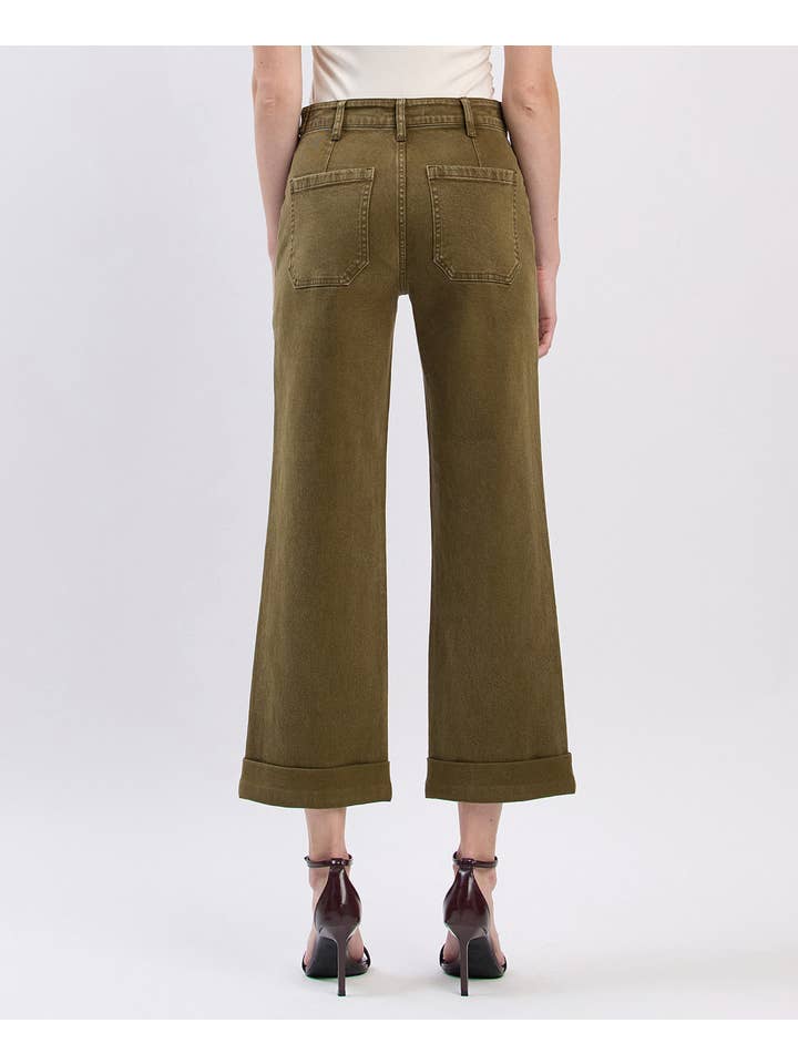 DARK OLIVE HIGH RISE TAB WAISTBAND CUFFED SLIM WIDE JEANS F5920DOL for wholesale on Faire1