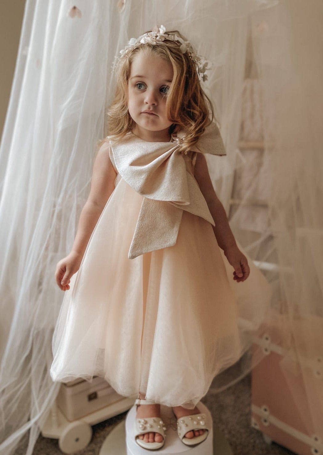 Petite Maison Kids - Vente Robe – enfant - Robe Jackie pêche en tulle à col nœud jacquard9
