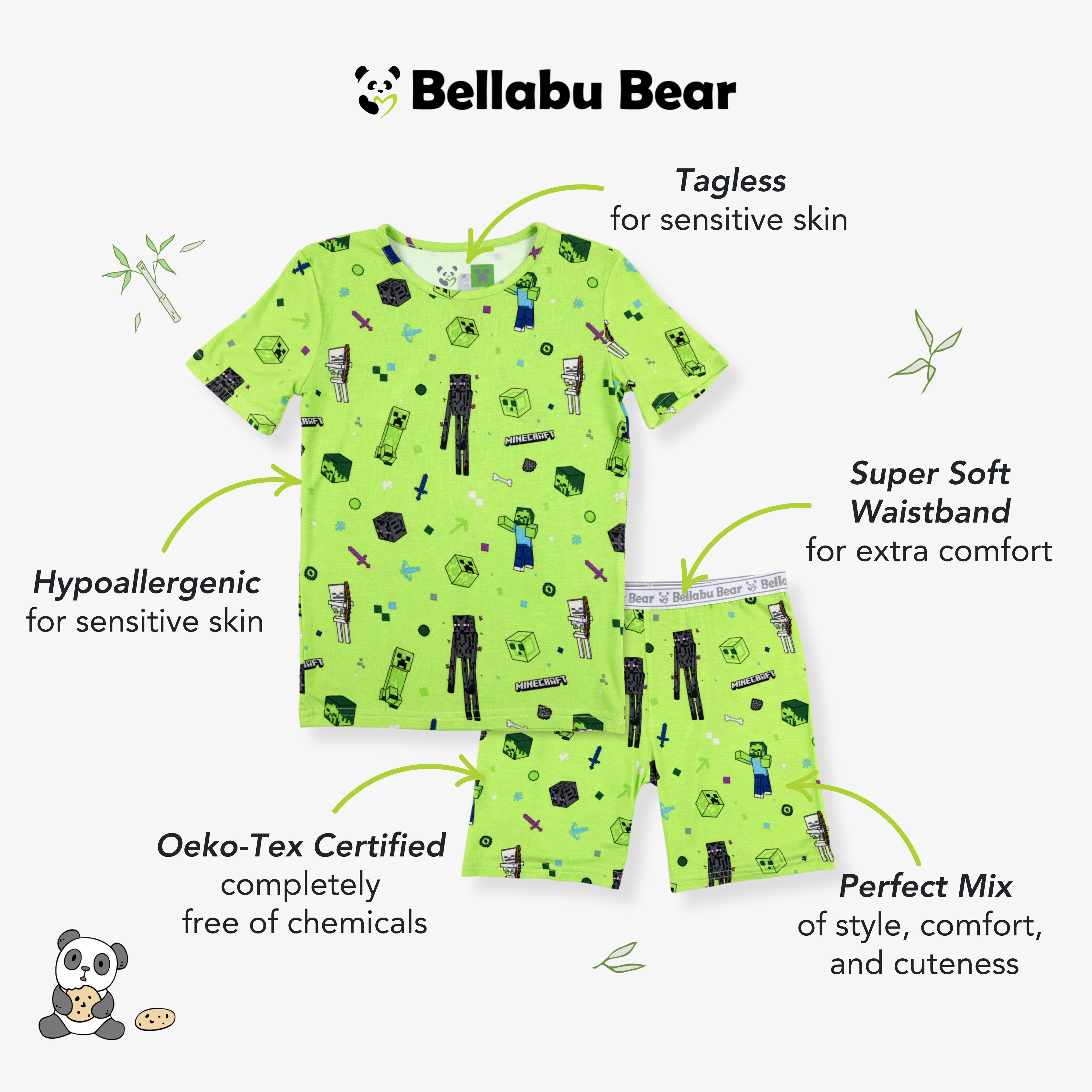 Bellabu Bear – Conjunto de pijama - Crianças por atacado – Conjunto de Pijama Curto Infantil Minecraft Mob Squad Bamboo18
