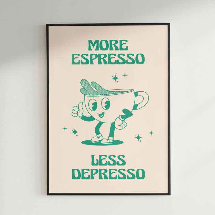 More Espresso Less Depresso Print: Funny Retro Coffee Art #3 for wholesale by Hound & Fox Print Co