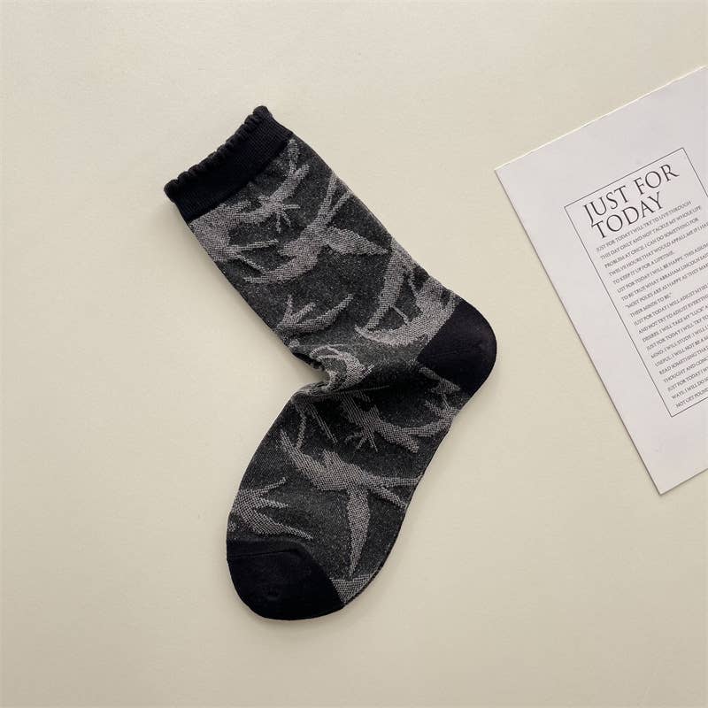 Tourtiwi – wholesale Socks – Women's – Artful Grey Crew Socks - Bird, Butterfly & Botanical Motifs1