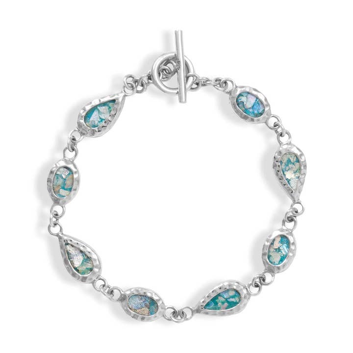 7.5" Pear and Oval Ancient Roman Glass Toggle Bracelet for wholesale by Silver Stars Collection