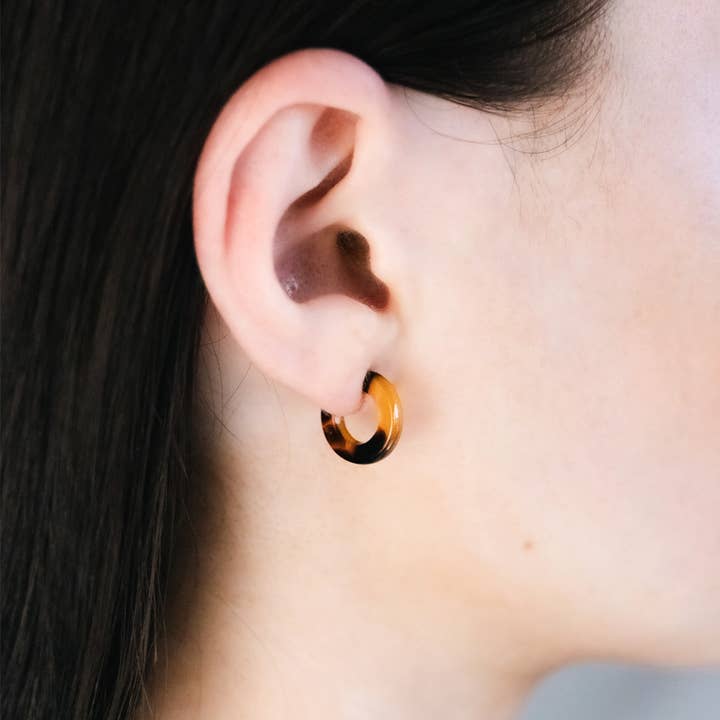 Dark Tortoiseshell Huggie Hoop Earrings for wholesale by Amber & Orange