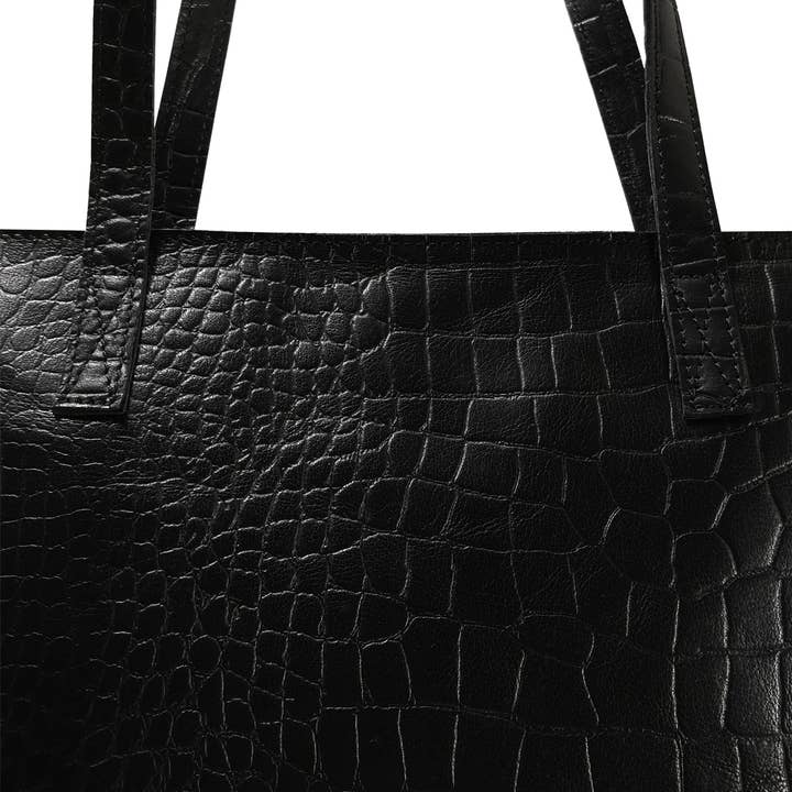 Assots London - Wholesale Tote Bag - Women's - 'FREYA' Black Semi Structured Unlined Croc Leather Tote Bag