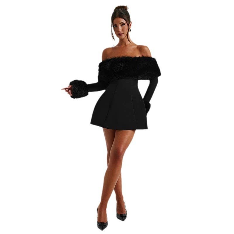 Black Off-Shoulder Fur Trim Long Sleeve Slim A-Line Dress for wholesale on Faire4