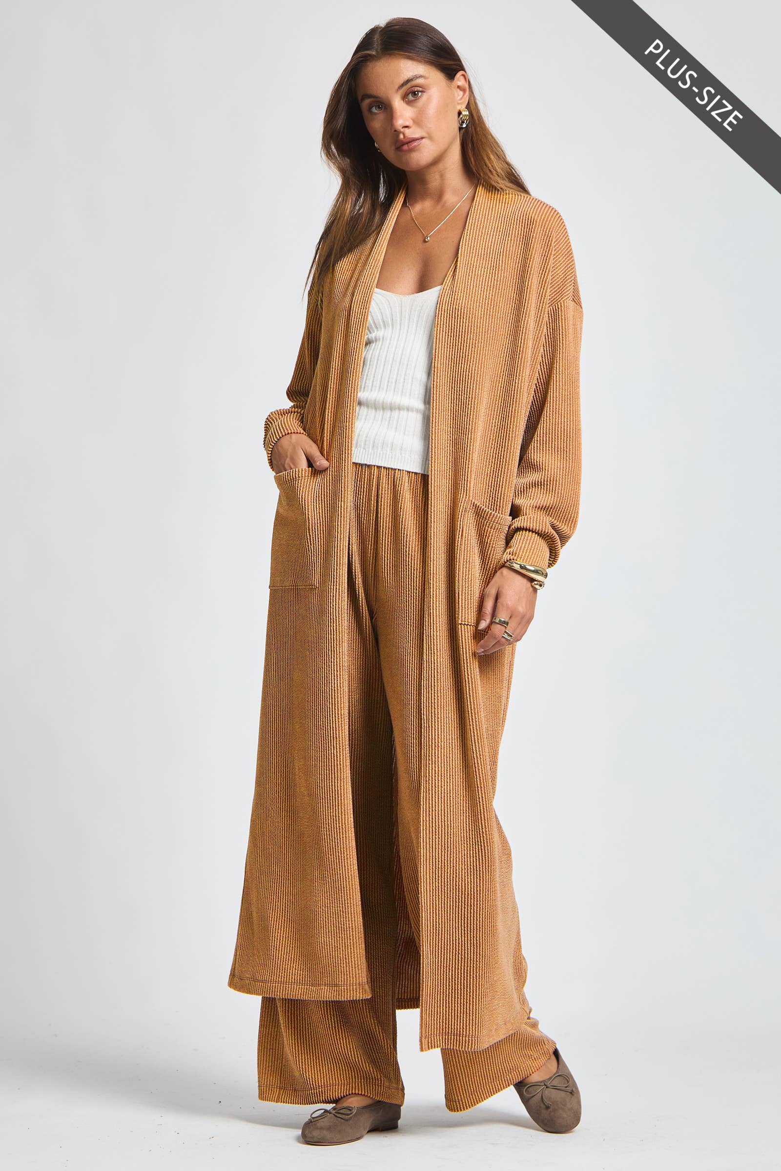 Dear Scarlett - Wholesale Top & Pant Set (NOT Loungewear) - Women's - PLUS SIZE Longline Cardigan + Relaxed Pants 2 Piece Set2
