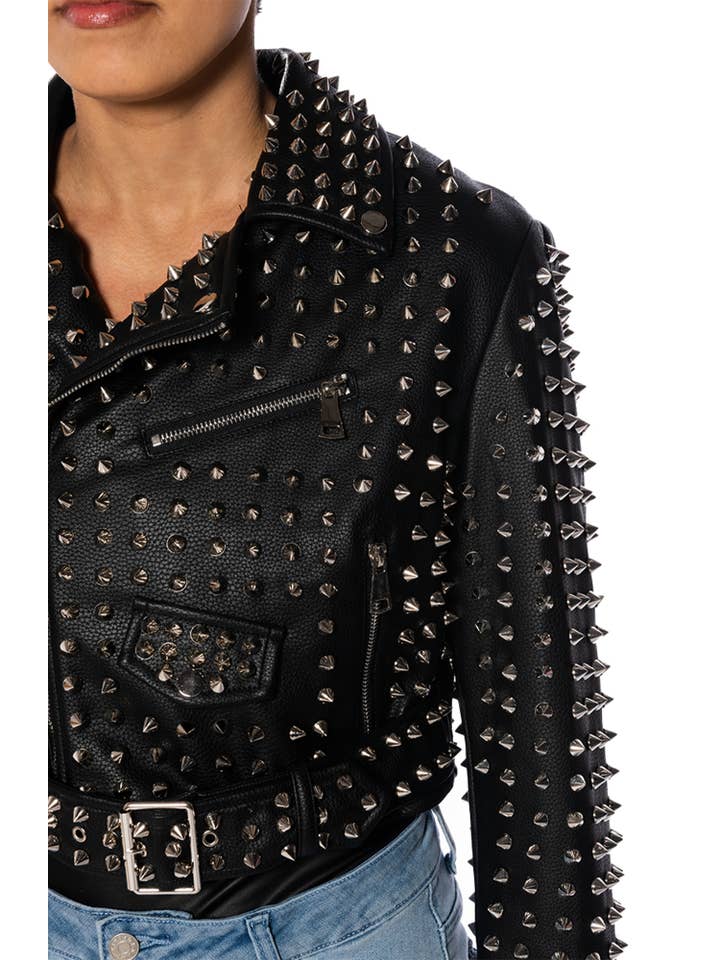 Azalea Wang - Wholesale Leather Jacket - Women's - VEPPLIN-BLACK STUDDED MOTO JACKET WITH ZIPPERS & BELT