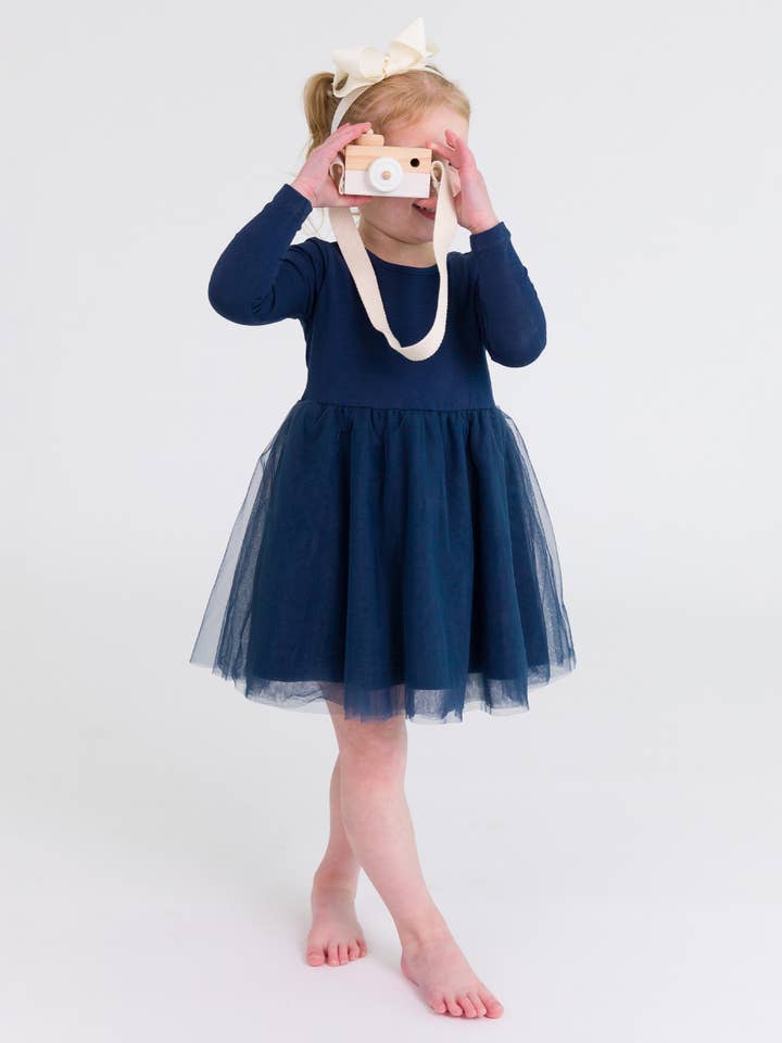 Girls Dark Navy Long Sleeve Tulle Twirl Dress for wholesale on Faire
