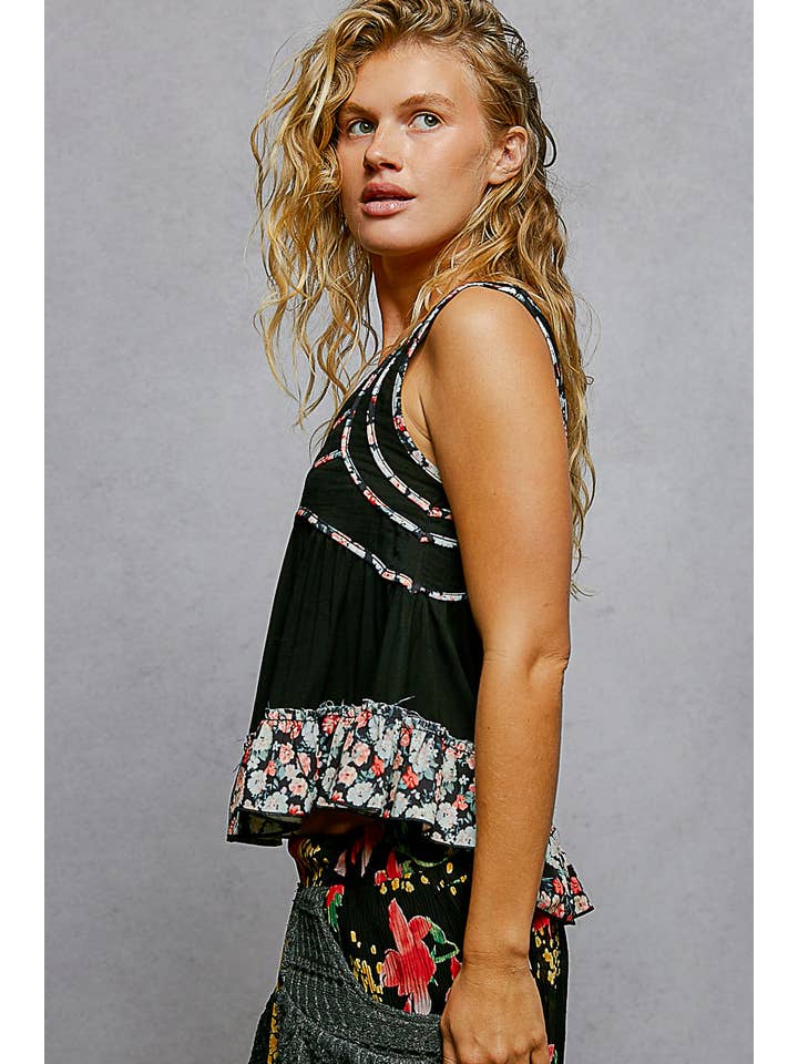 Pol Clothing - Wholesale Tank Top - Women's - Square Neck Soft POL Jersey Floral Trim Boho Tank Top2