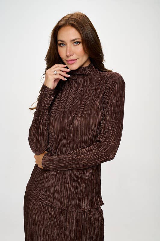BROWN Made in USA Plisse Long Sleeve Mock Neck Top for wholesale on Faire0