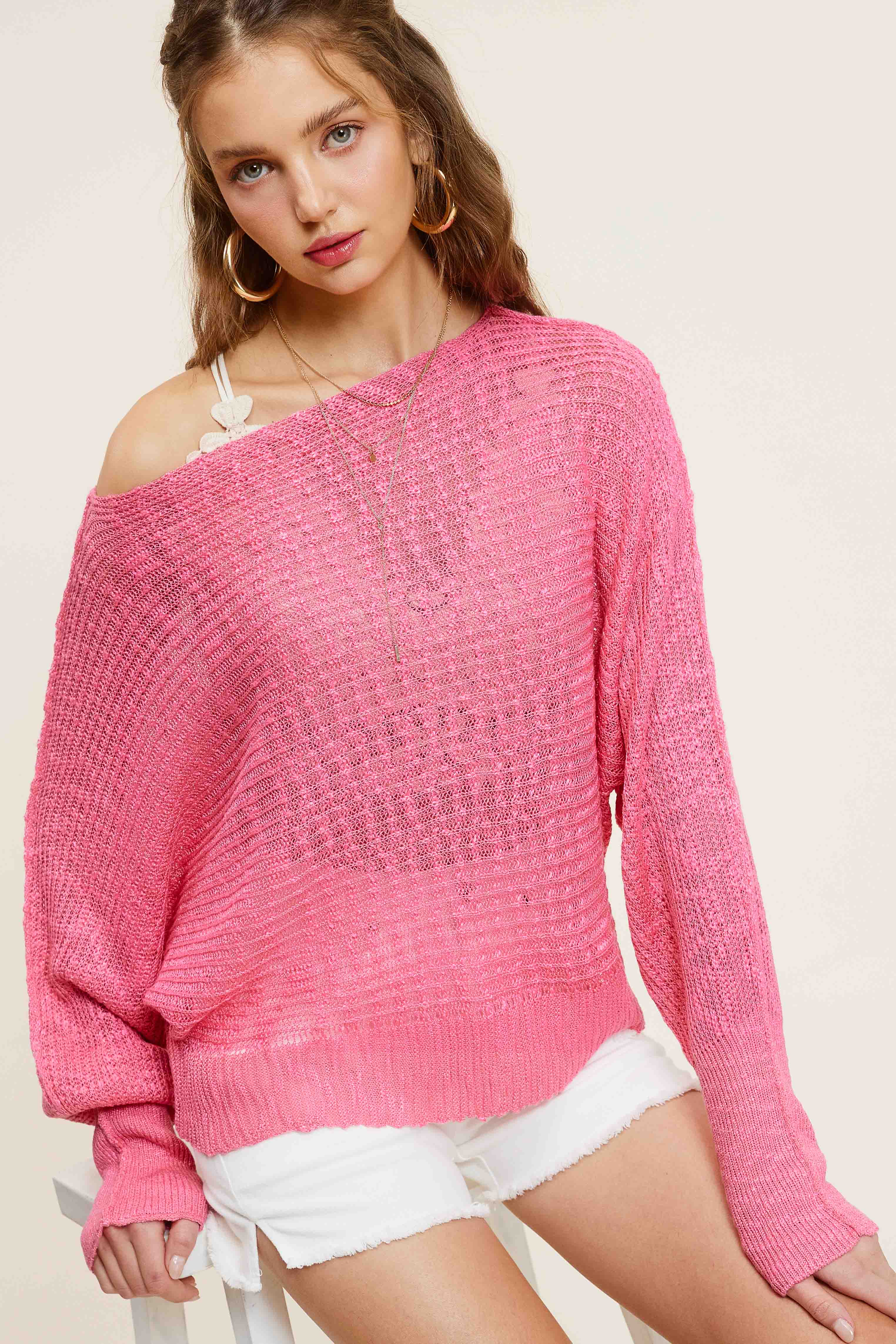 La Miel - Wholesale Knit Sweater - Women's - MCS3583-Lightweight Dolman Sleeve Boat Neck Sweater Top3