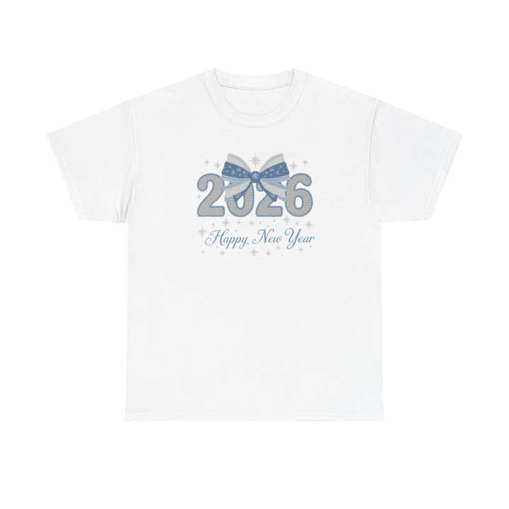 2026 Happy New Year Tee Festive Blue Bow New Year T-Shirt for wholesale by Le Paperie Co