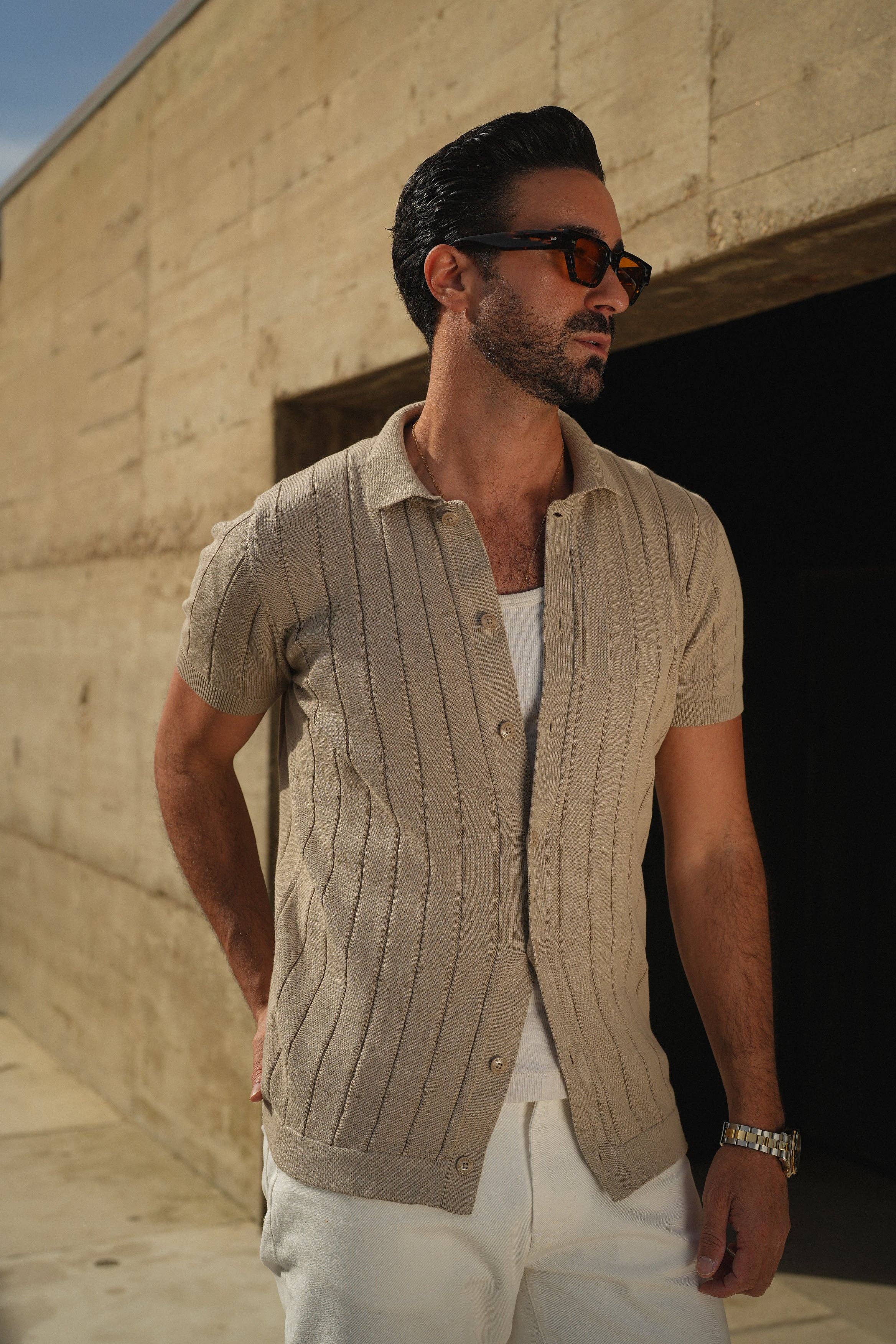 Off White Beige KNITTED CUBAN COLLAR TAUPE SHIRT for wholesale on Faire1