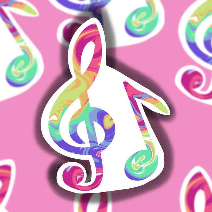 Waterproof Music Note/Treble Clef Sticker, Tie Dye/Rainbow for wholesale by Buzz Tie Dye Creations