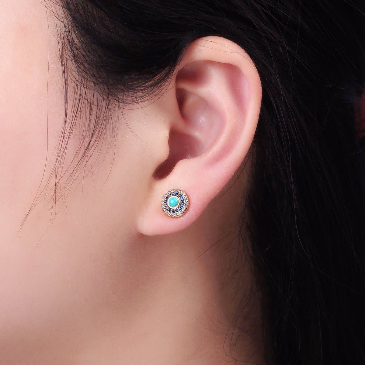 Aim Eternal - Wholesale Stud/Post Earrings - 14K Gold Filled Turquoise Gemstone Micro Paved CZ Round Stud | P4731