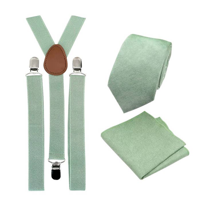 Harrison Sage Green Cotton Tie, Pocket Square and Eucalyptus Braces Set for wholesale by Dickie Bow