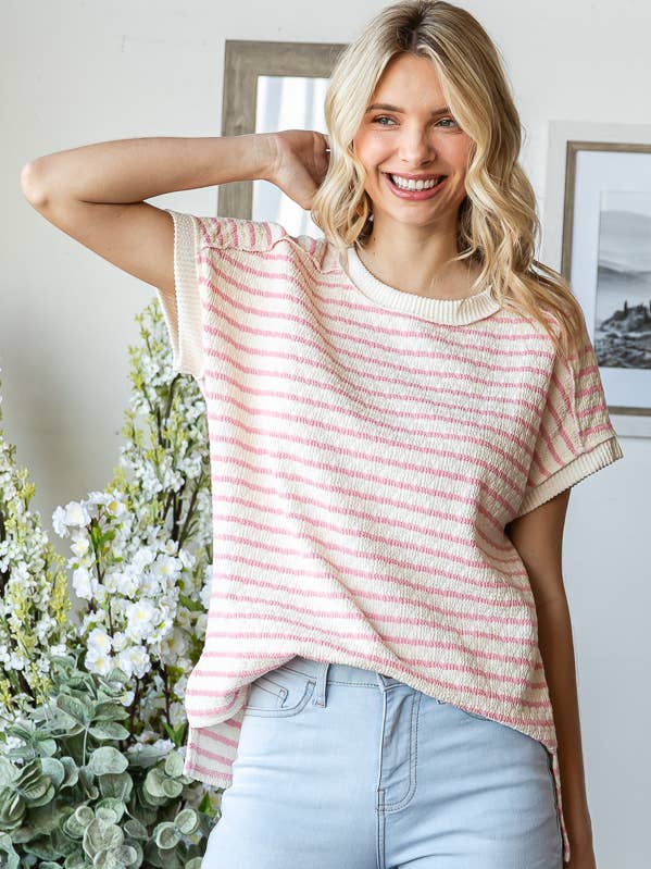 7th Ray - Wholesale Knit Top - Women's - Stripe Textured Side Slit Short Sleeve Top T5865