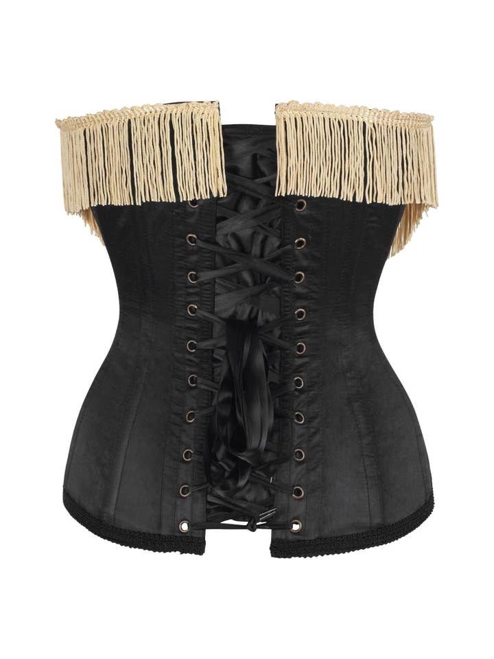 Daisy Corsets – wholesale Kjol - Dam – Topplåda Burlesque Underbyst Svart/Mörkröd Stålbenad Korsett med Guldfransar