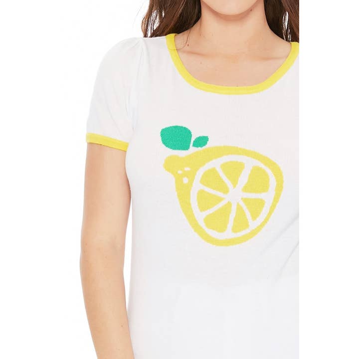 JAUNE T-shirt à col rond à manches courtes et imprimé citron MK32001 en vente sur Faire3