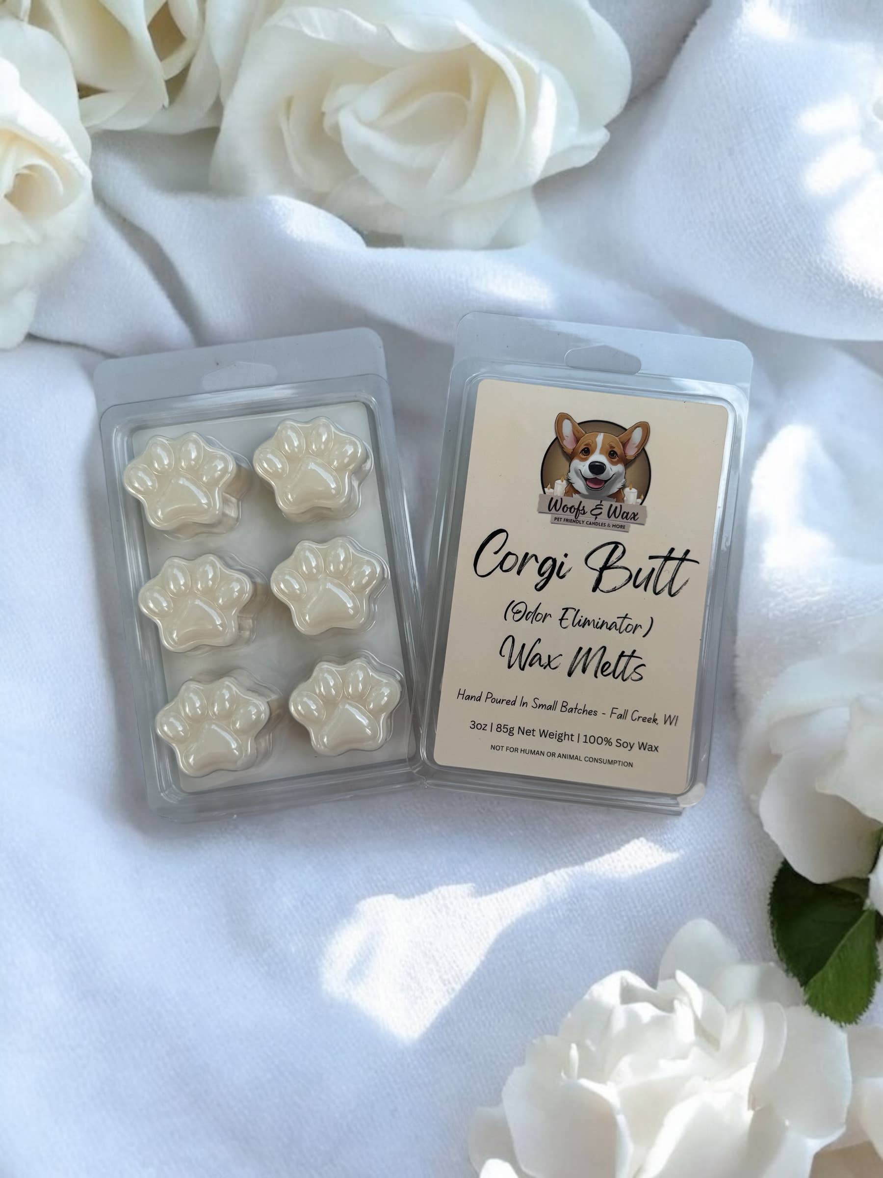 Woofs & Wax - Wholesale Wax Melt - Corgi Butt Odor Eliminator Wax Melts - 3oz 100% Soy Pet Safe