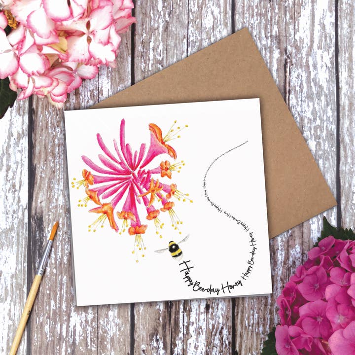 'Happy Bee-day Honey' Honeysuckle Bee card for wholesale by Utterly Conkers