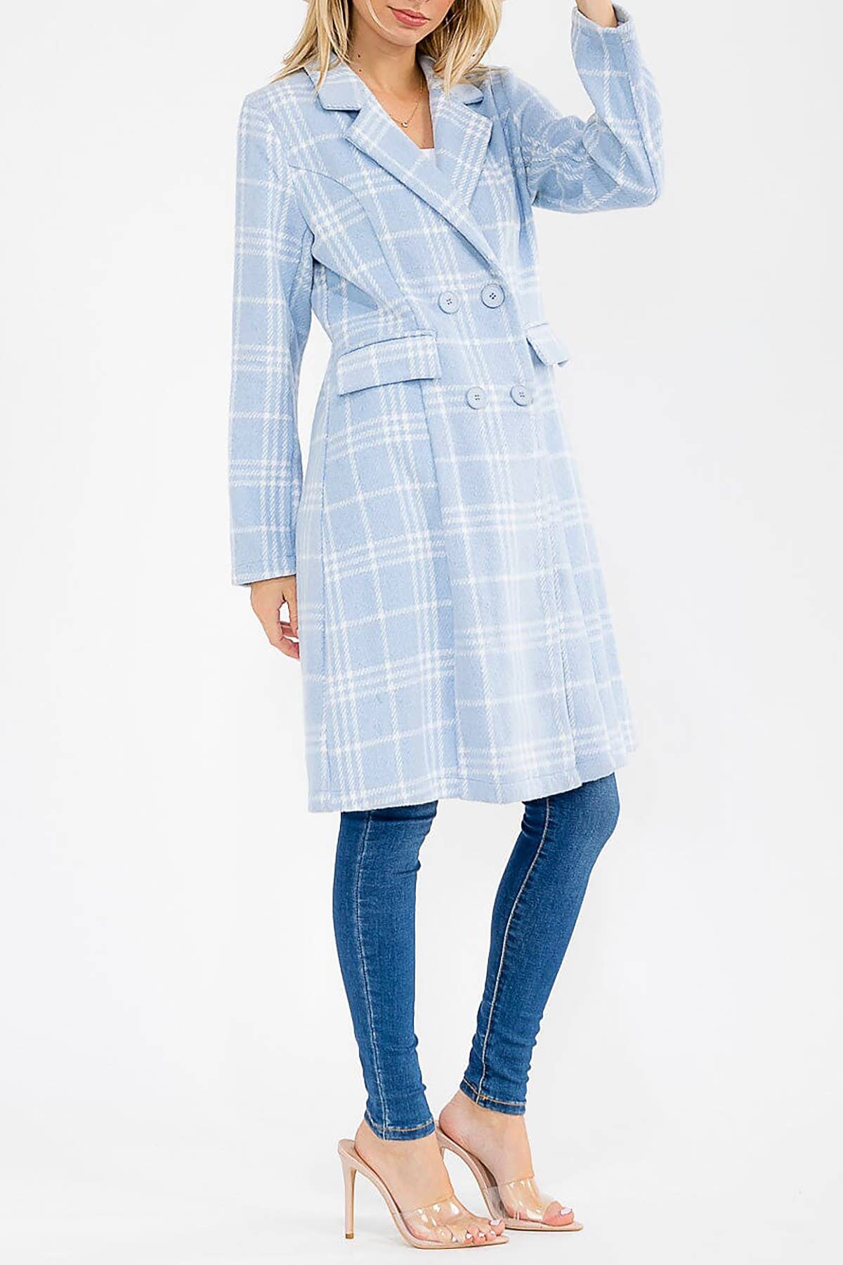 ICE BLUE PLAID DRAPED BUTTON FRONT COAT for wholesale on Faire1