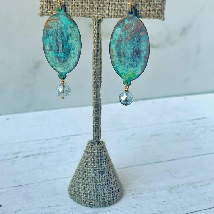 Rage Gems & Jewelry - Wholesale Dangle Earrings - Verdigris Patina Oval Earrings with Crystal Drop3
