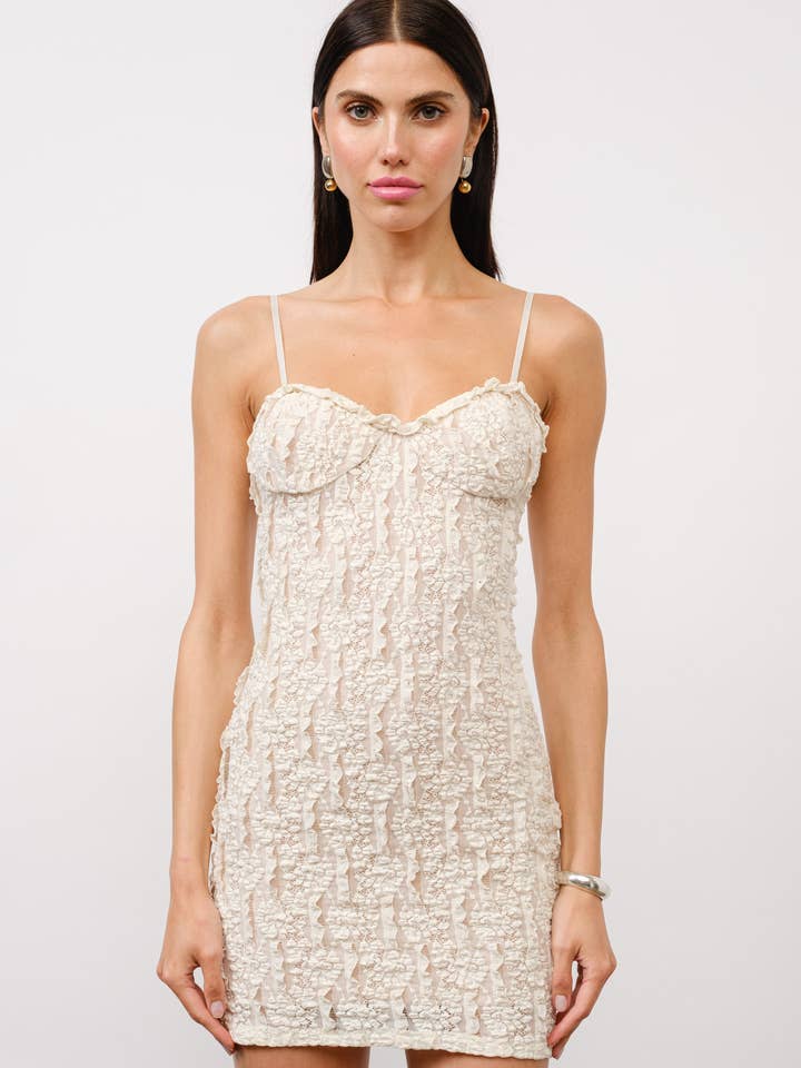Ivory Gisele Ruffle-Detail Lace Mini Dress for wholesale on Faire0