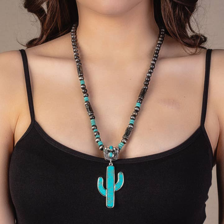 Turquoise Cactus Necklace - Turquoise Stone Accents for wholesale by Your Fashion Wholesale
