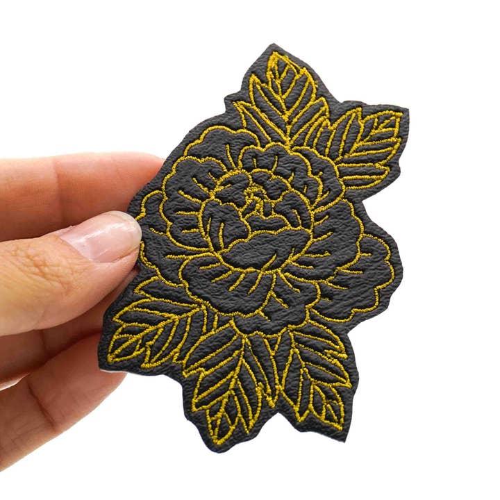 Gold and Black Peony Faux Leather Embroidered Iron On Patch for wholesale by Project Pinup