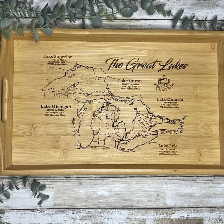 Etched Great Lakes Bamboo Serving Tray for wholesale by Michigan Proud Gifts